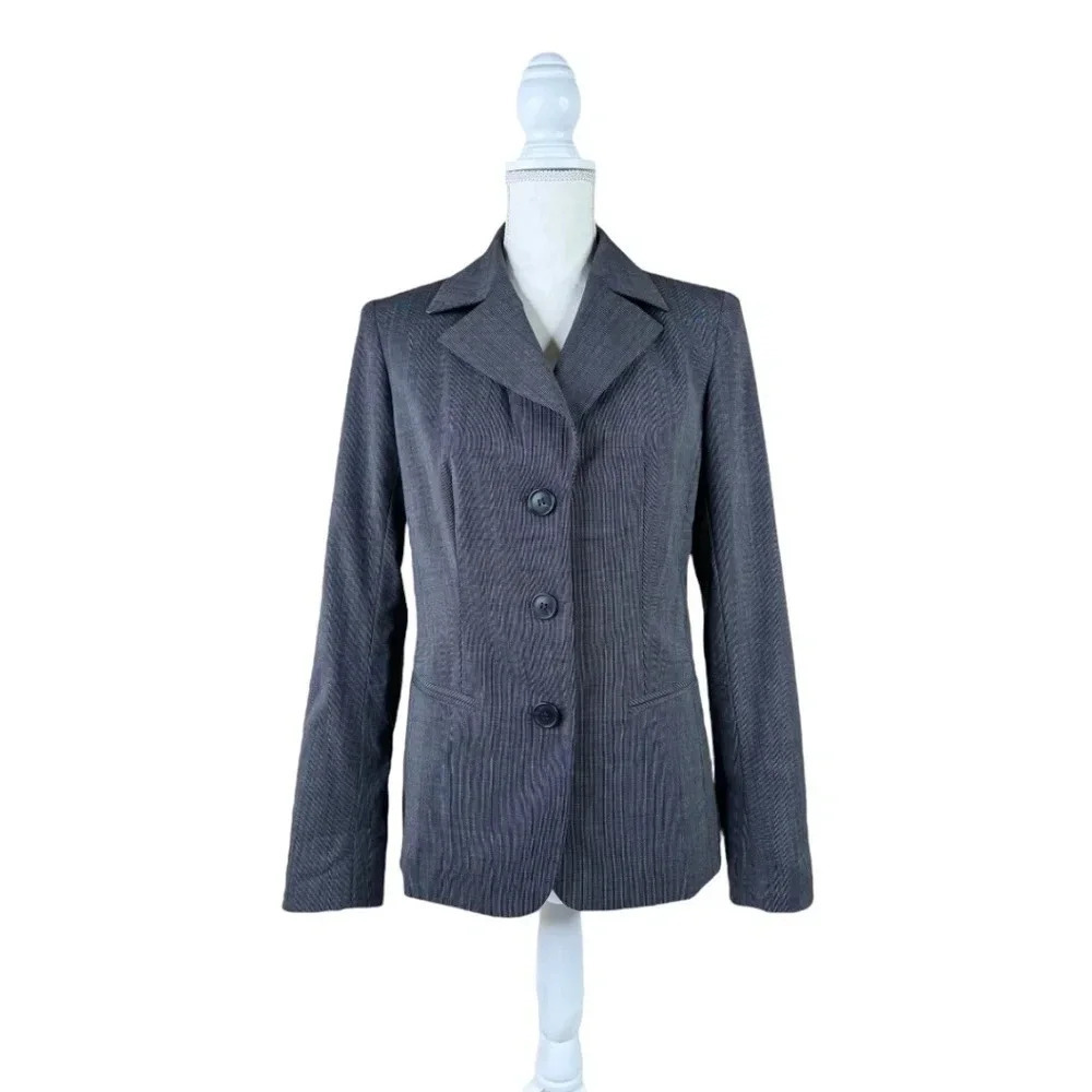 Lafayette 148 Gray Pinstriped Lined Wool Blend Blazer Jacket
